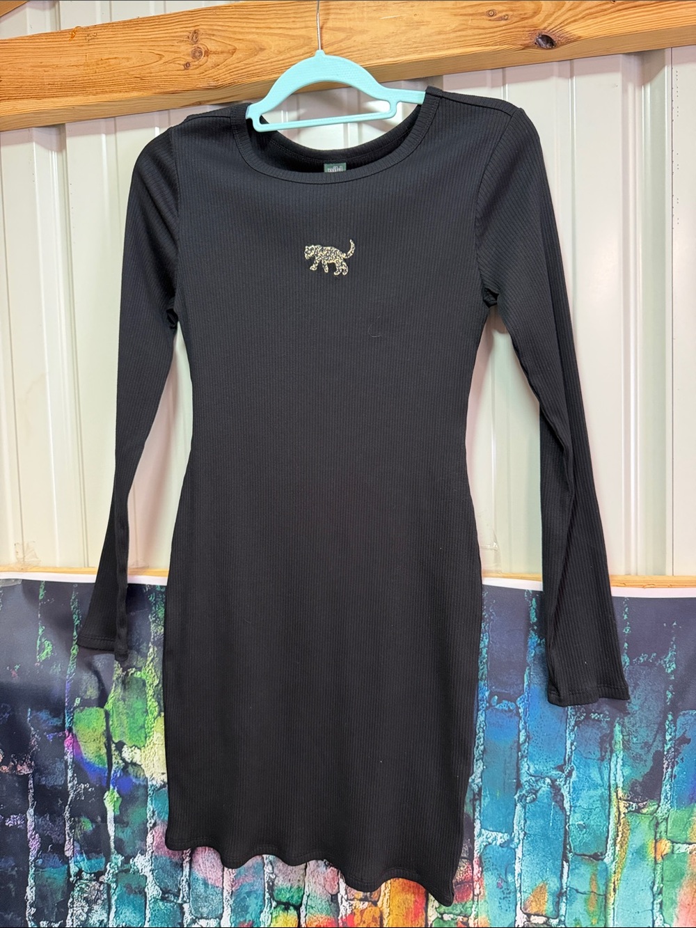 wild fable Black Ribbed Long-Sleeve Dress with Leopard Patch
